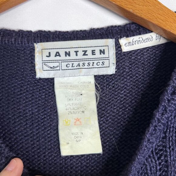 Jantzen Classics Vintage Hand Embroidered Navy Blue Sweater Size Small - Picture 8 of 11